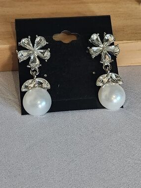 Crystal Floral Pearl Drop Earrings - White/Silver